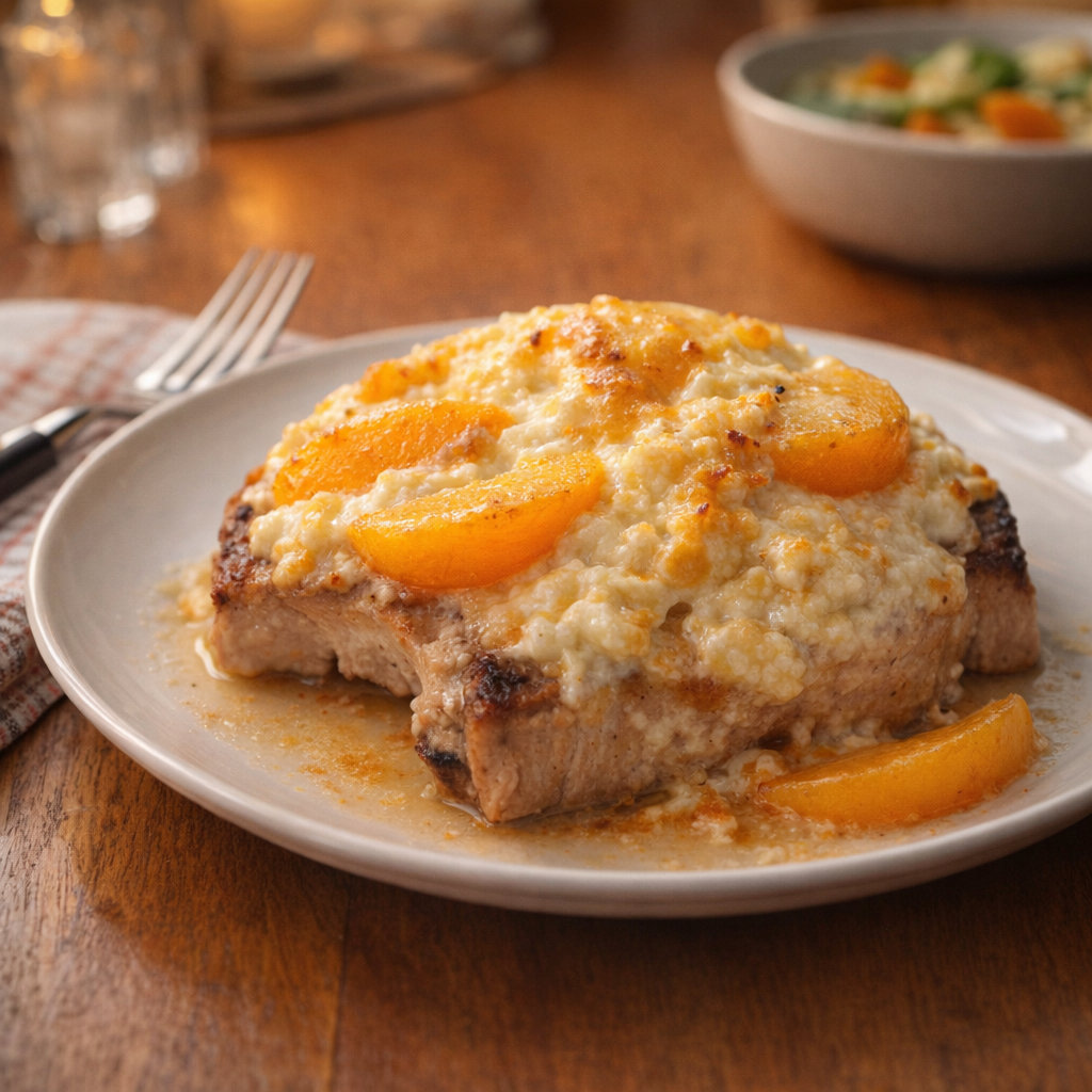 Plated serving of pork chop bake ready for the family taste test