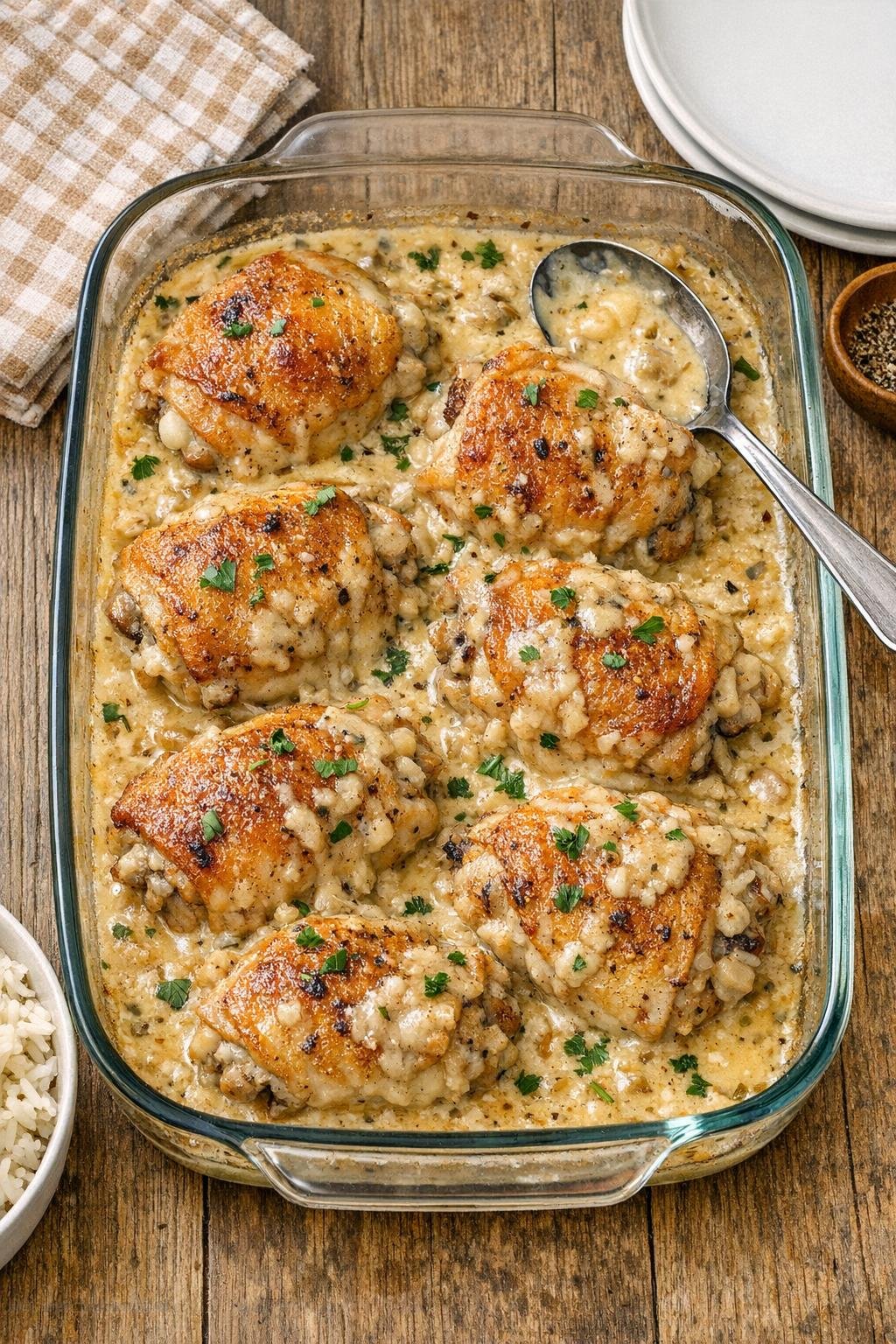Finished baked chicken thighs in creamy sauce