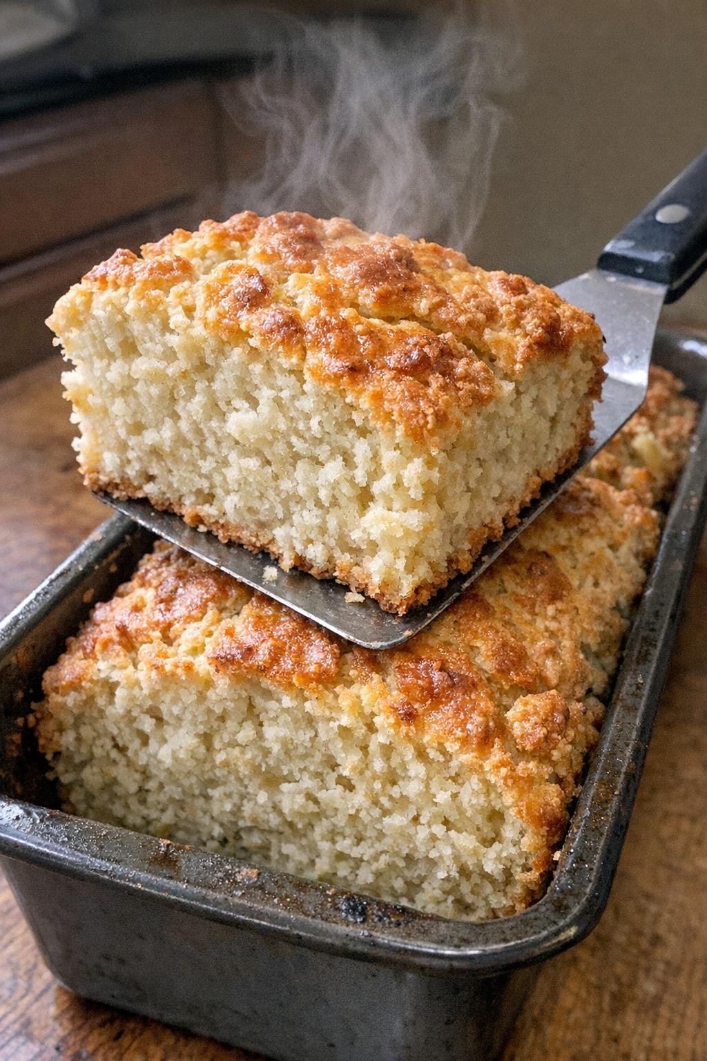 Rustic beer bread in loaf pan with slice being lifted