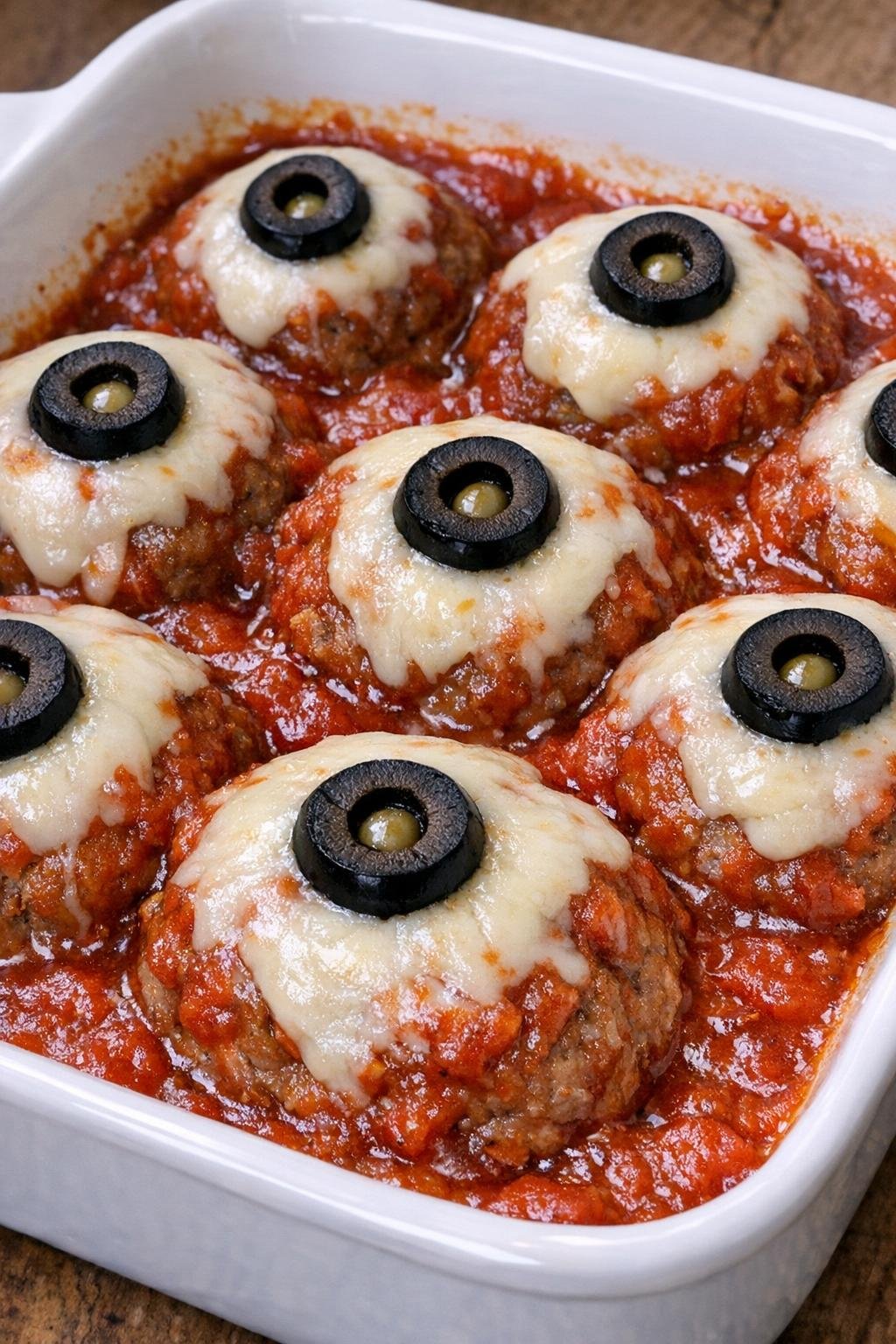 Monster eyeball meatballs in white casserole dish