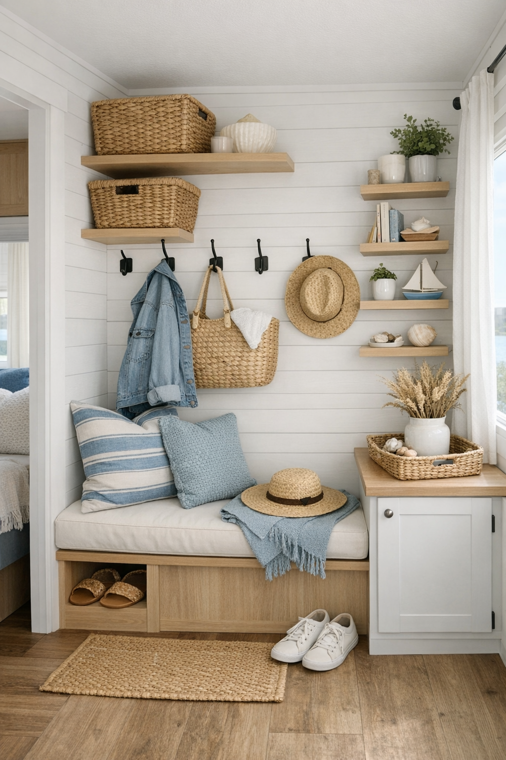 Thoughtful small-space nook with built-in bench, storage, and coastal cottage details
