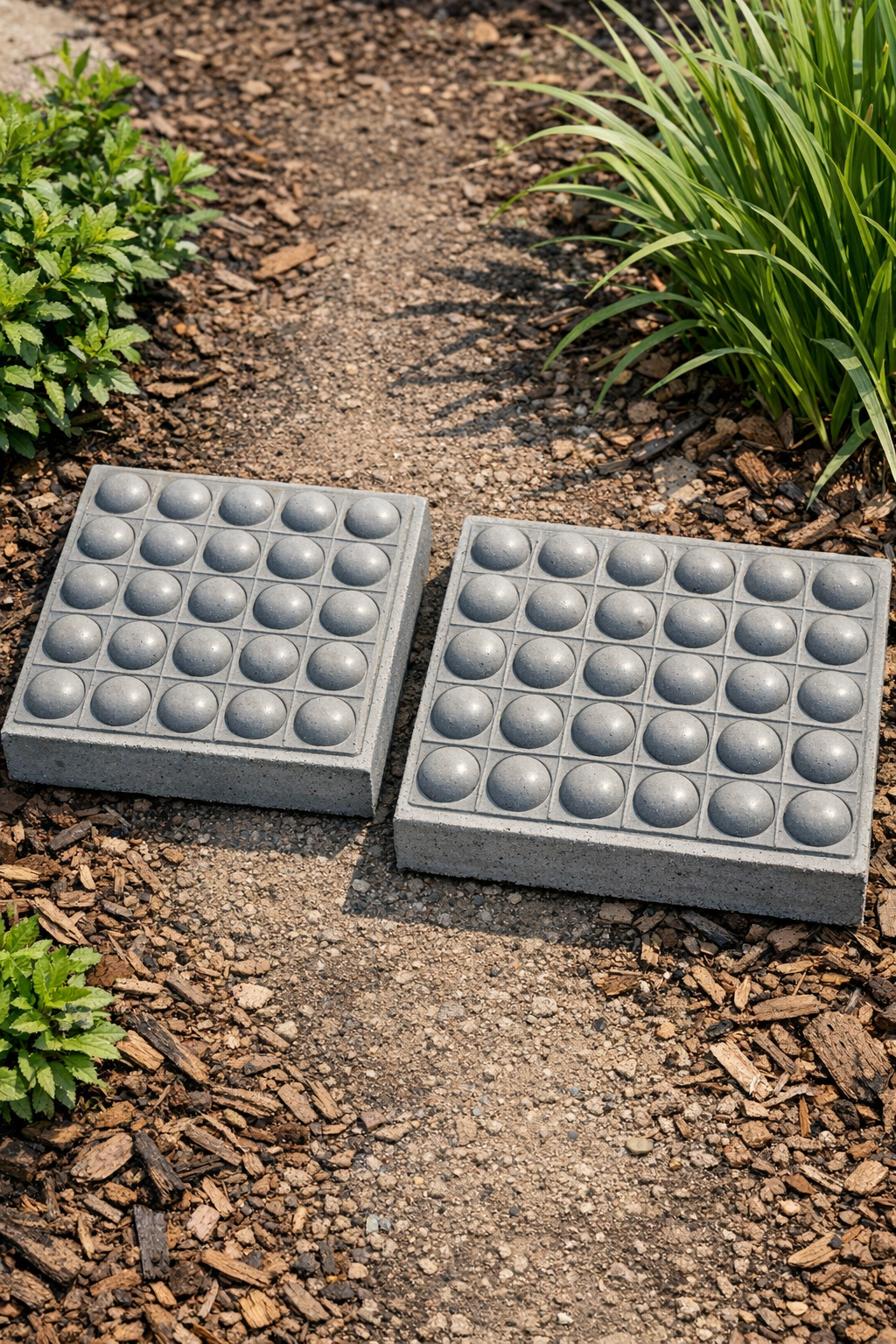 Finished studded cement yard tiles made from pop-it molds