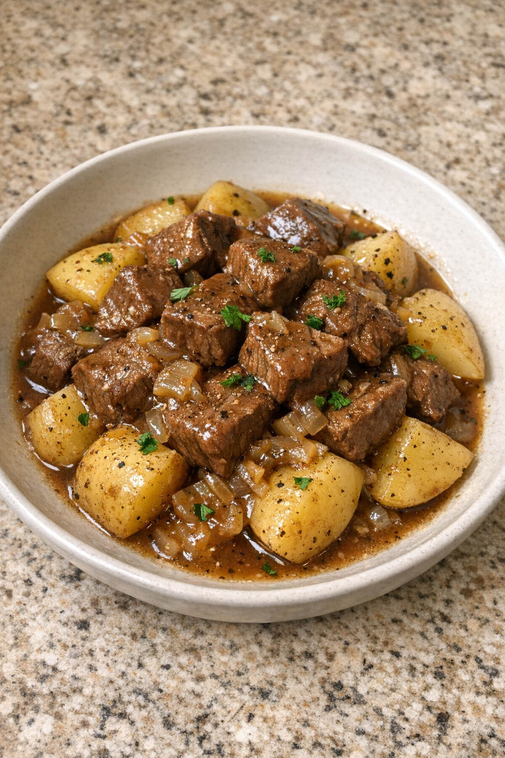 Finished slow cooker beef and potatoes plated for dinner