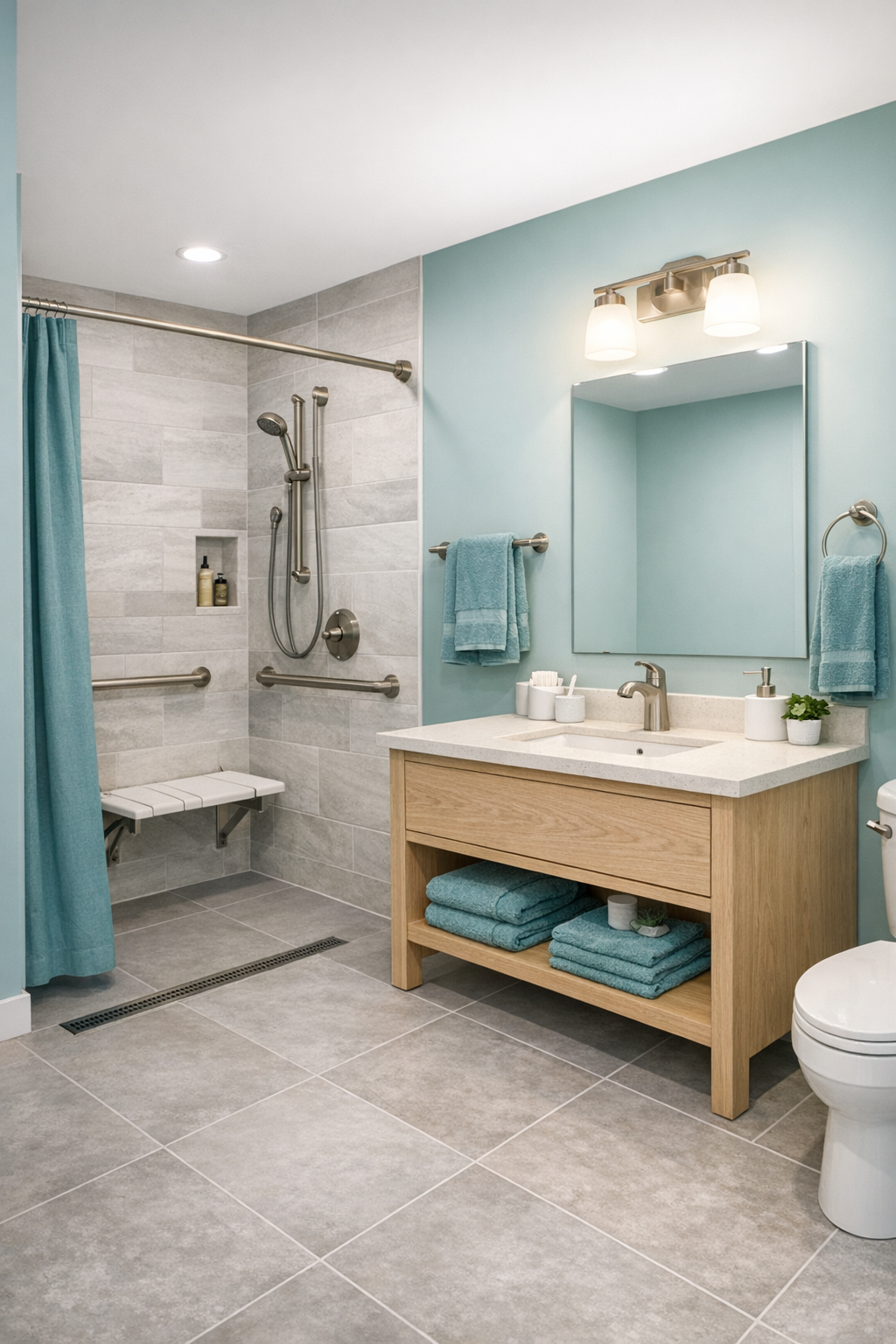 Accessible bathroom with curbless shower, light oak vanity, and soft gray tile