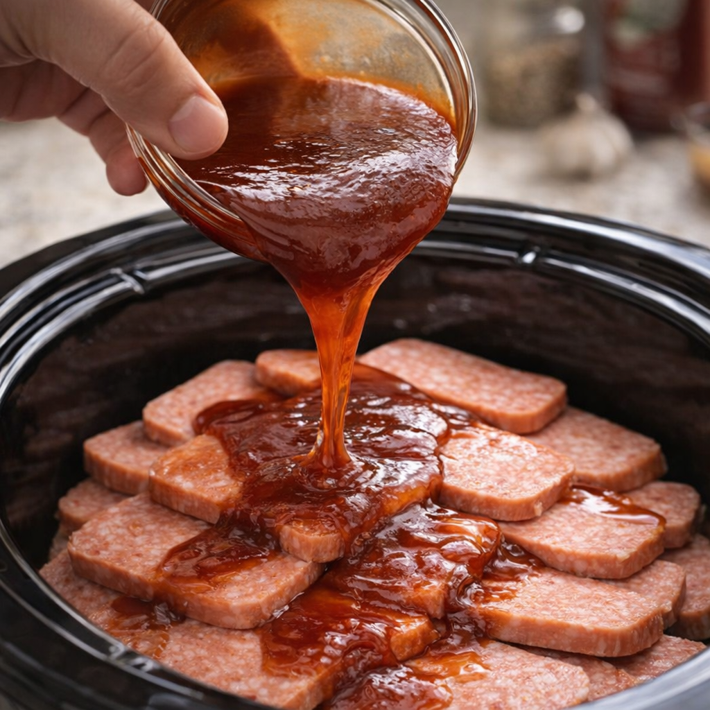 Barbecue sauce mixture being poured over luncheon meat