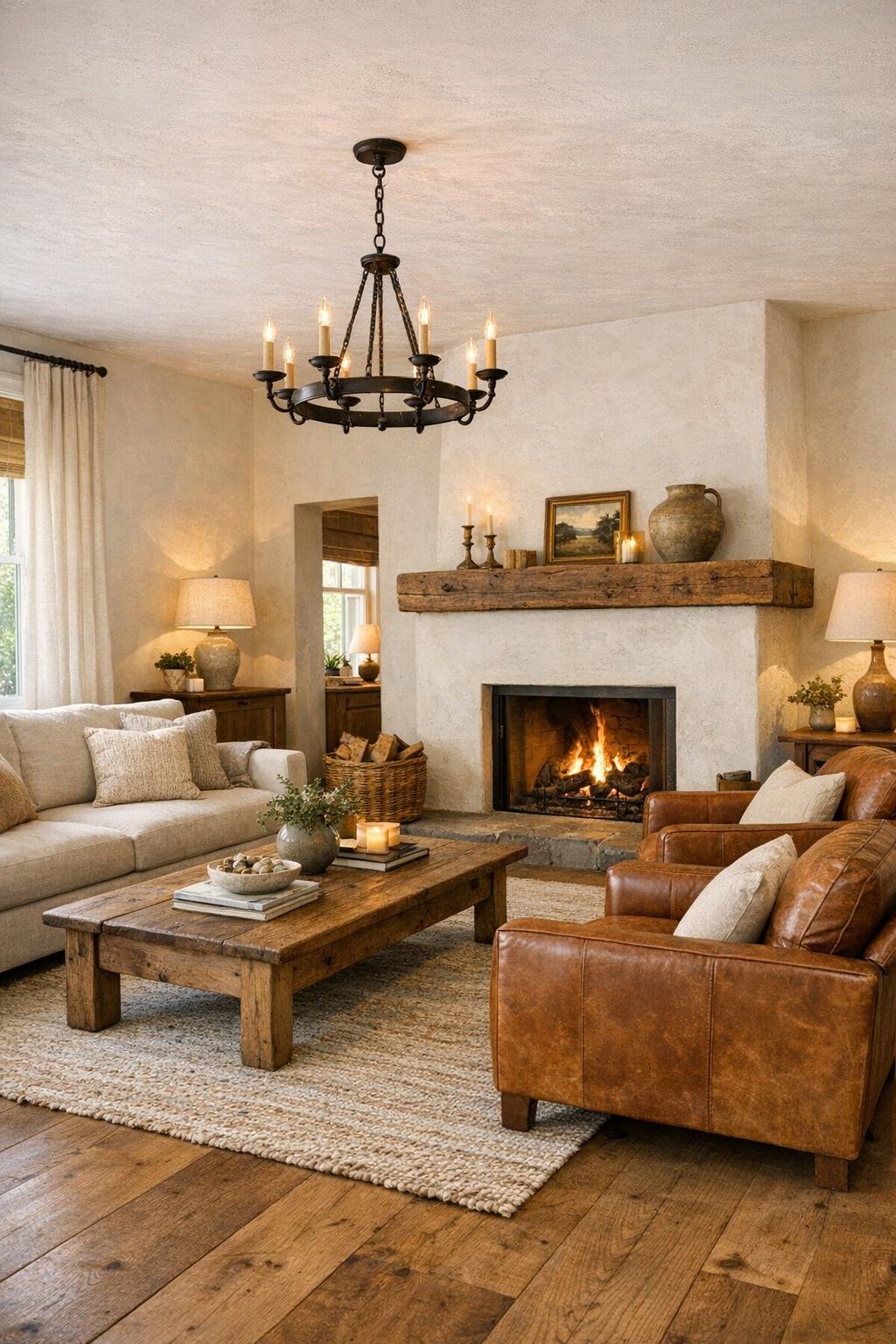 Warm farmhouse living room with linen seating and oak floors
