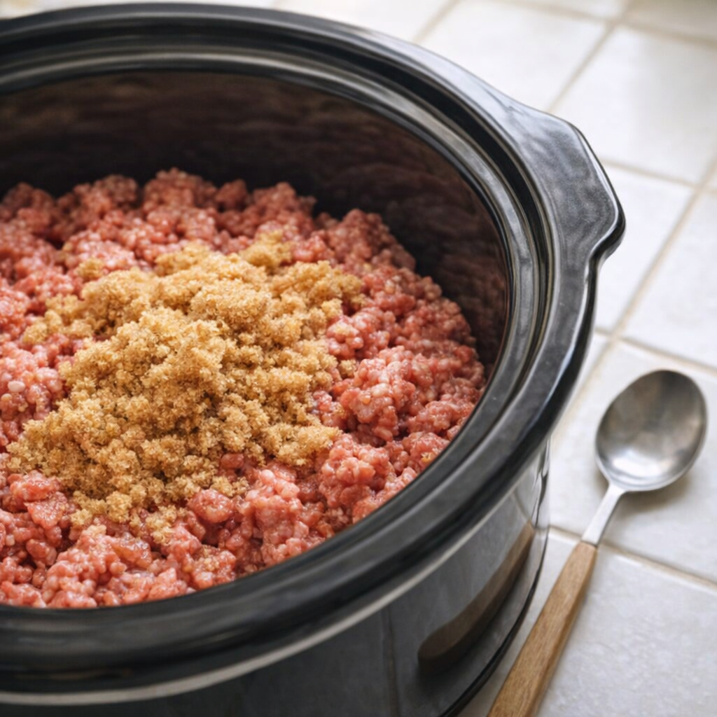 Raw beef and brown sugar in a slow cooker