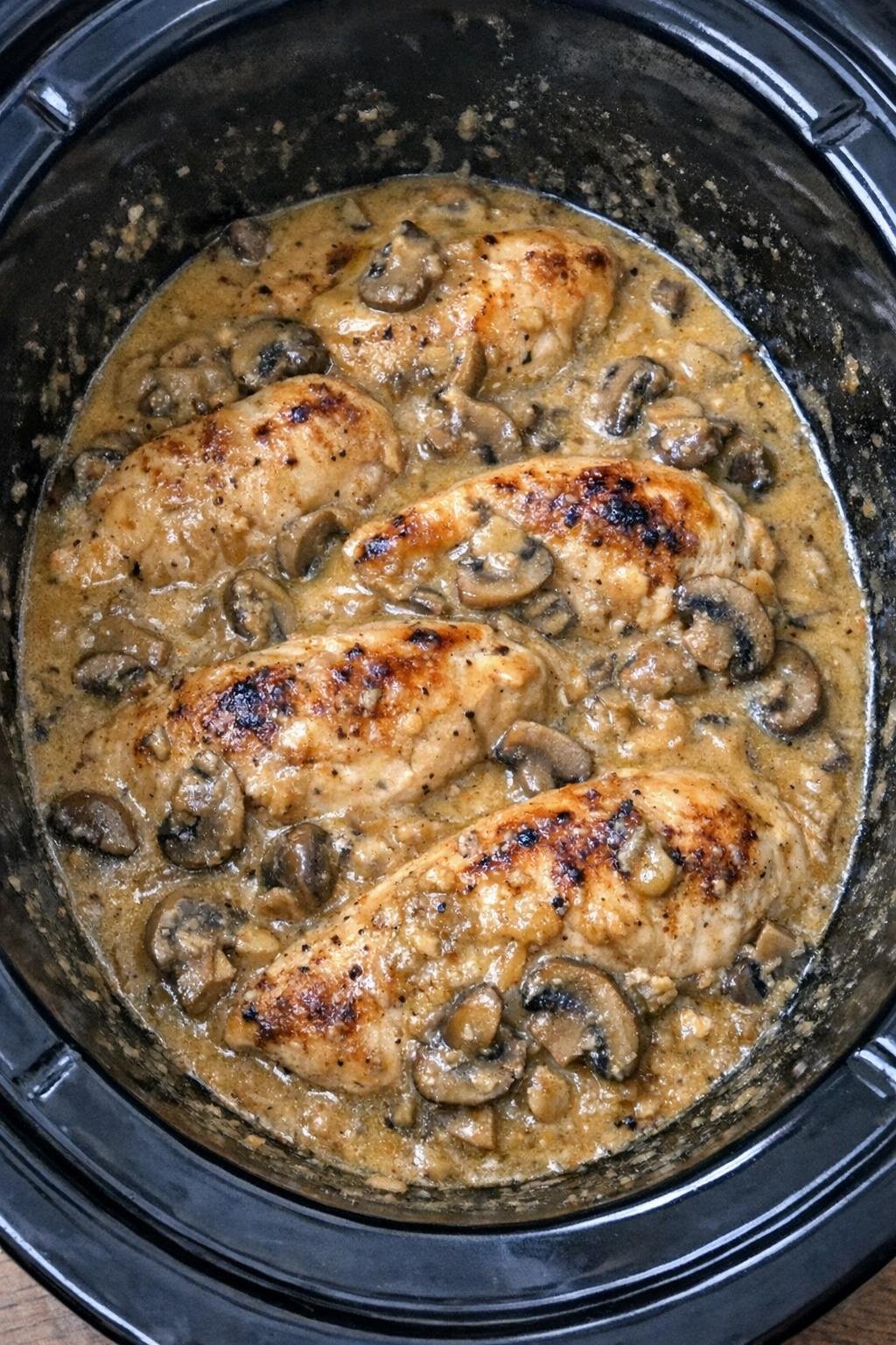 Kip met champignons in Amish-stijl uit de slowcooker, bereiden in een zwarte slowcooker.