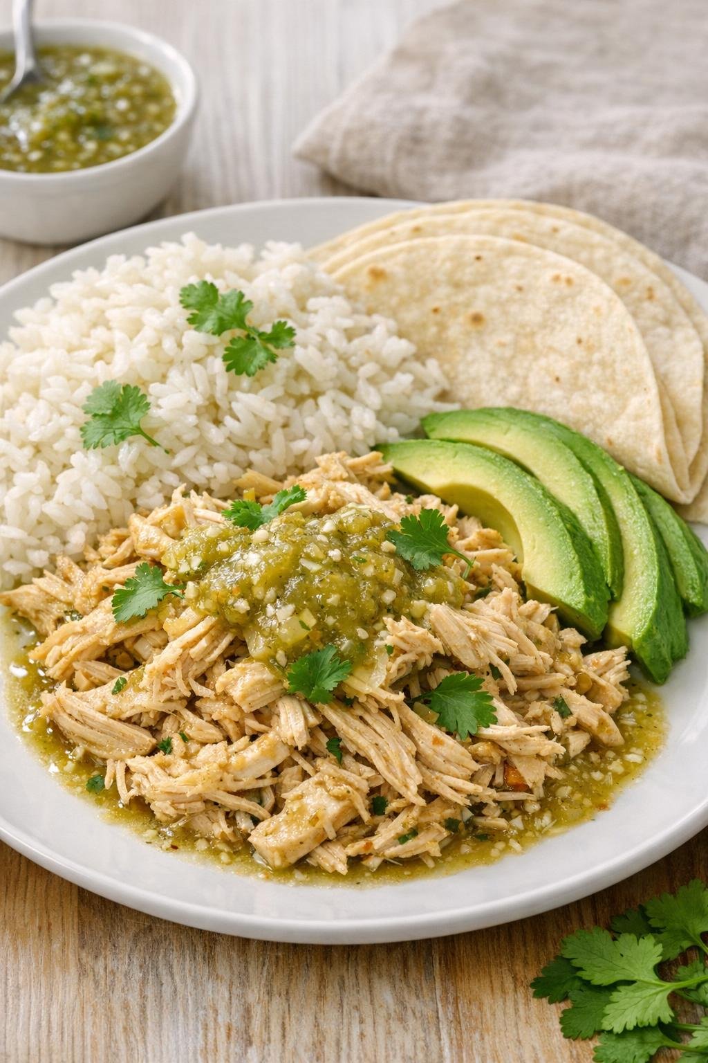 Plated salsa verde shredded chicken with rice and tortillas