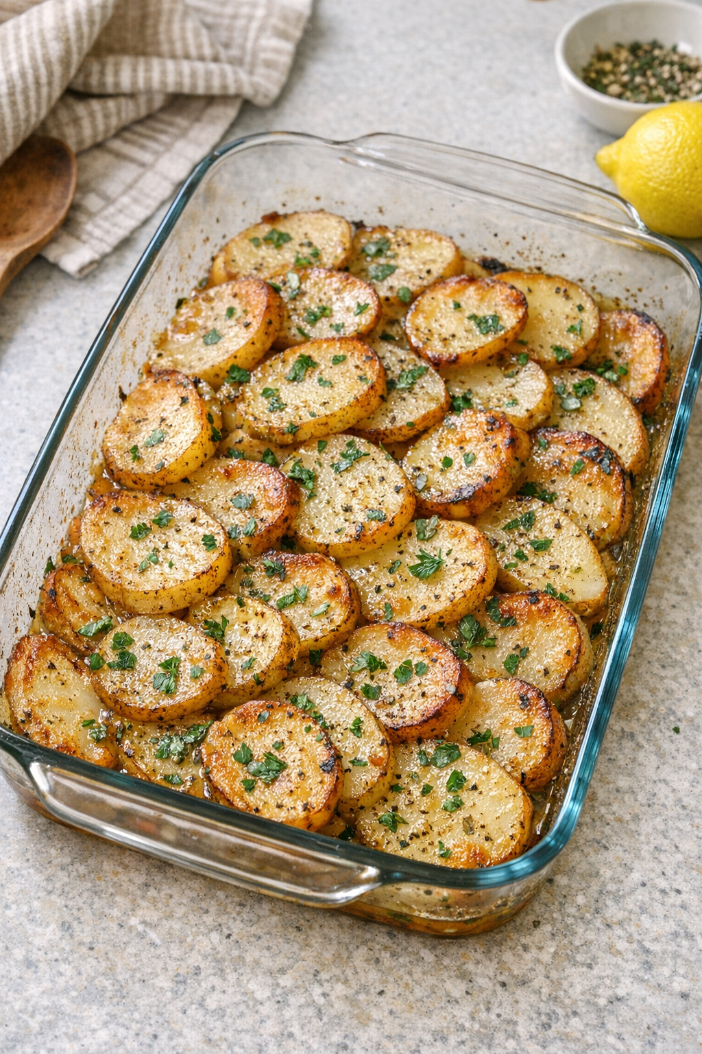 Finished Greek potato bake in a baking dish