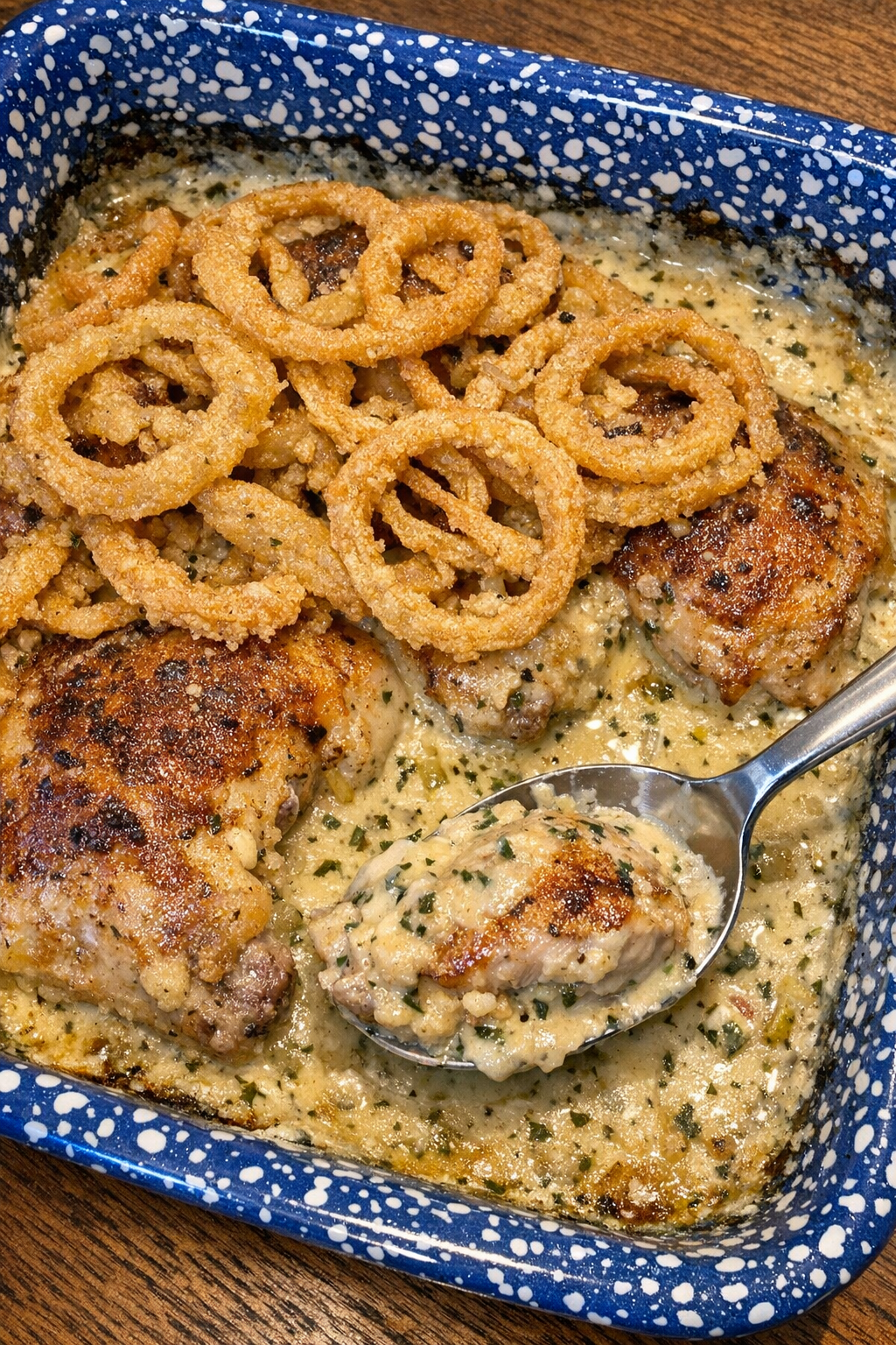 Bronzed chicken quarters with creamy sauce and onion rings in a blue speckled casserole dish