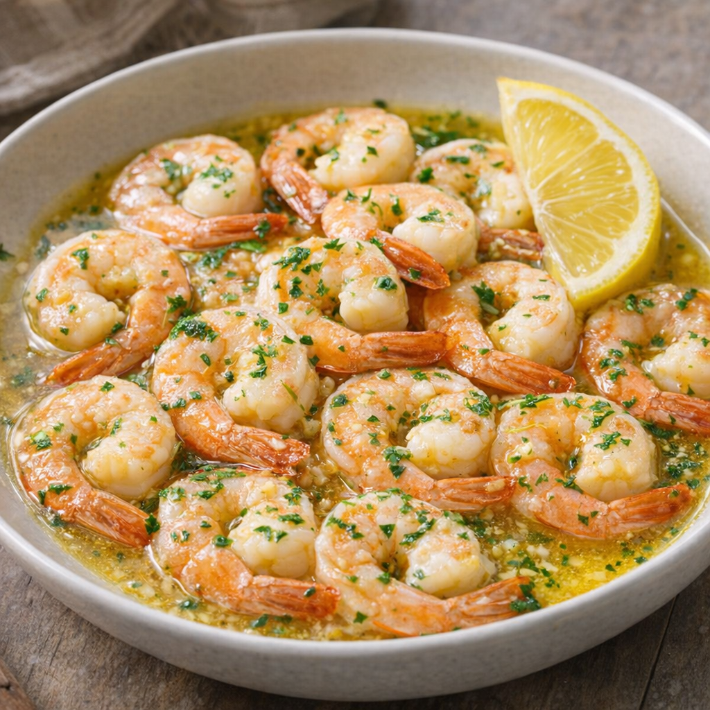 Finished garlic butter shrimp with lemon and herbs