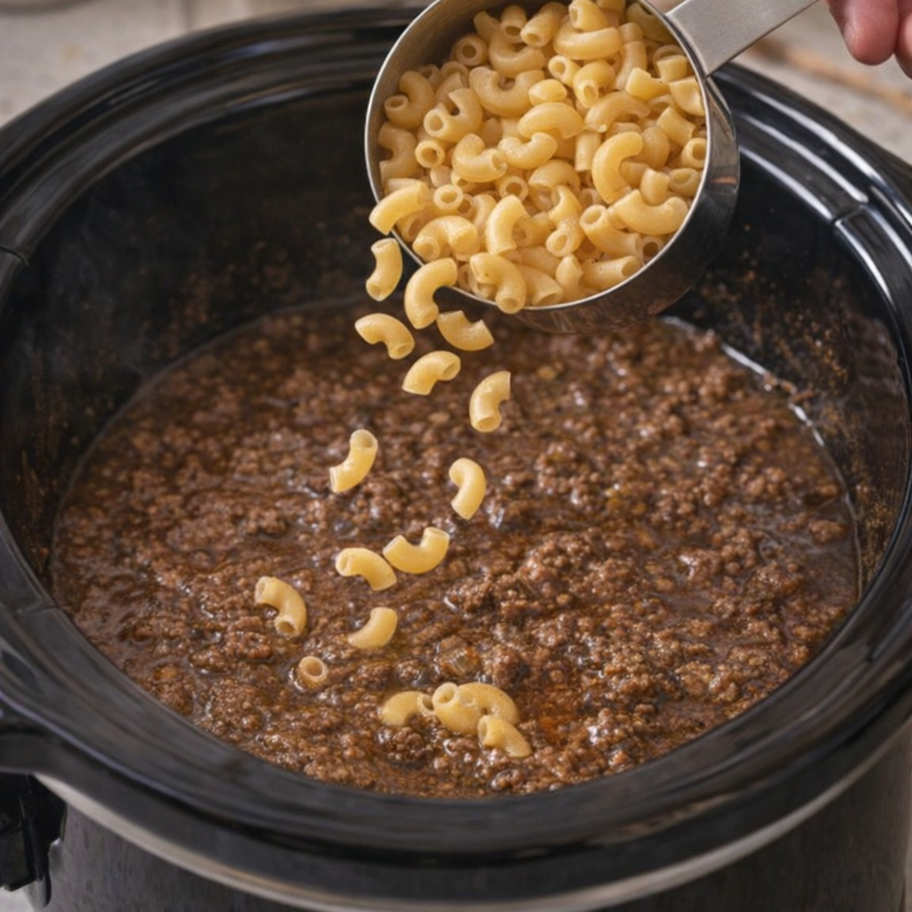 Elbow macaroni being added to slow cooker