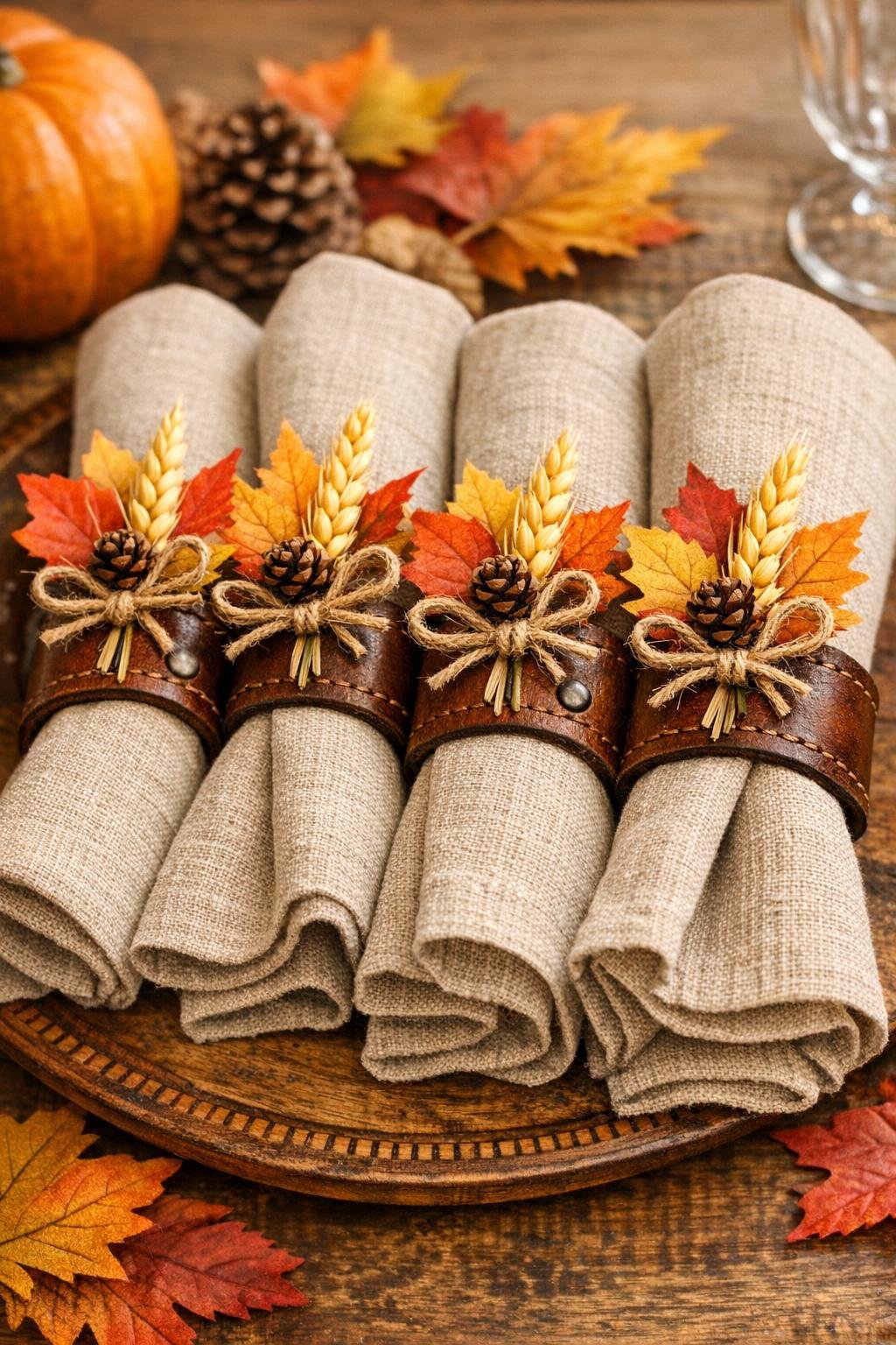 Finished leather belt harvest napkin rings on folded cloth napkins