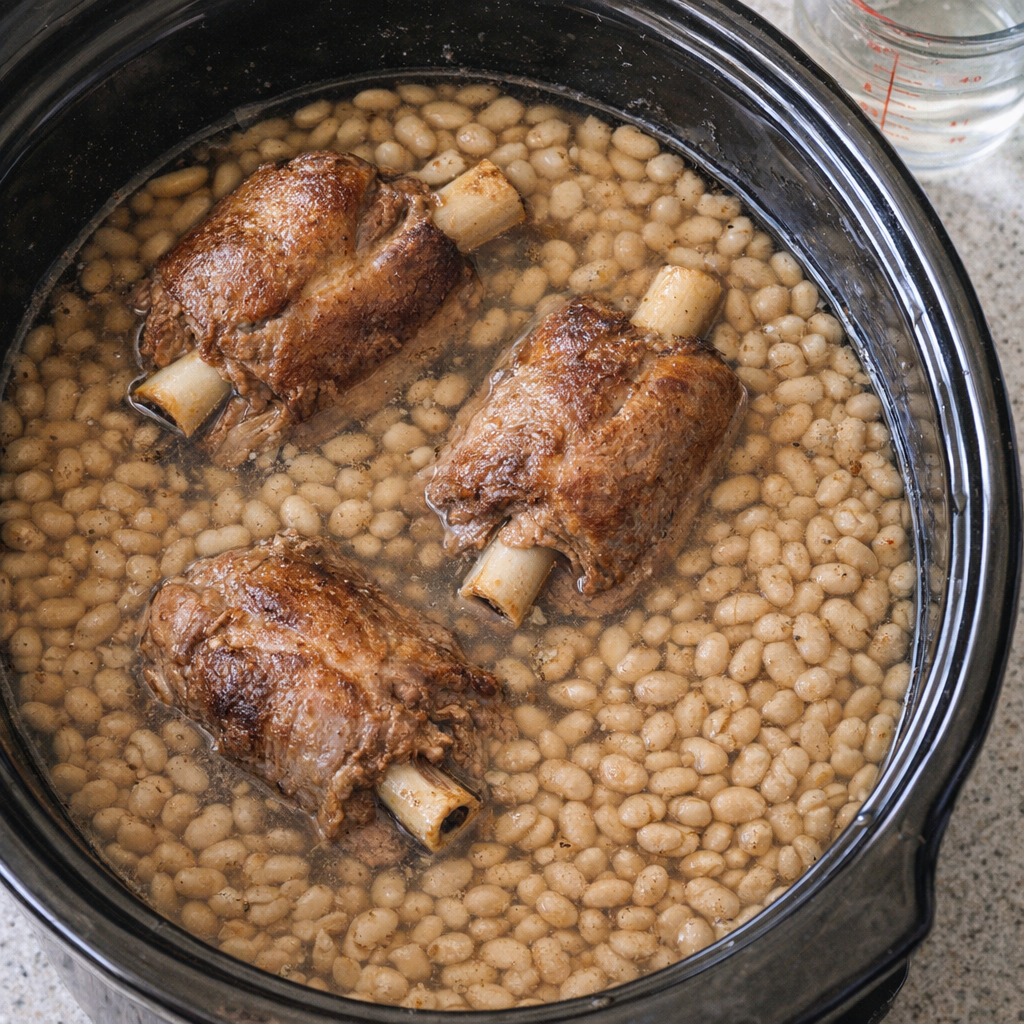 Slow cooker filled with navy beans and pork shanks before cooking