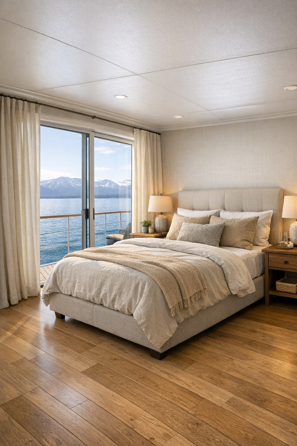Calm lodge-style bedroom with soft neutral bedding, warm wood accents, and water views