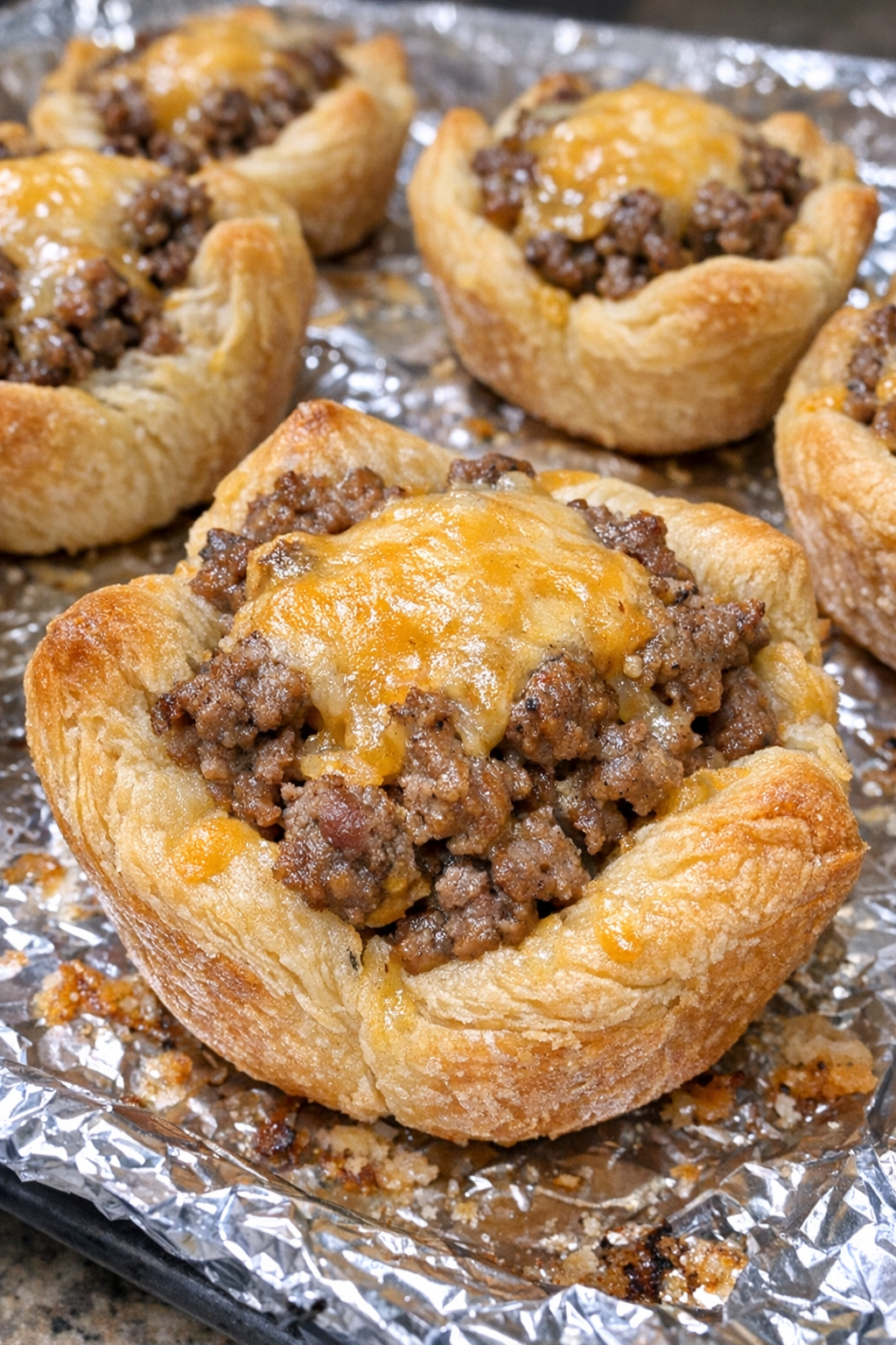 Oven baked beef crescent baskets on a foil-lined baking sheet