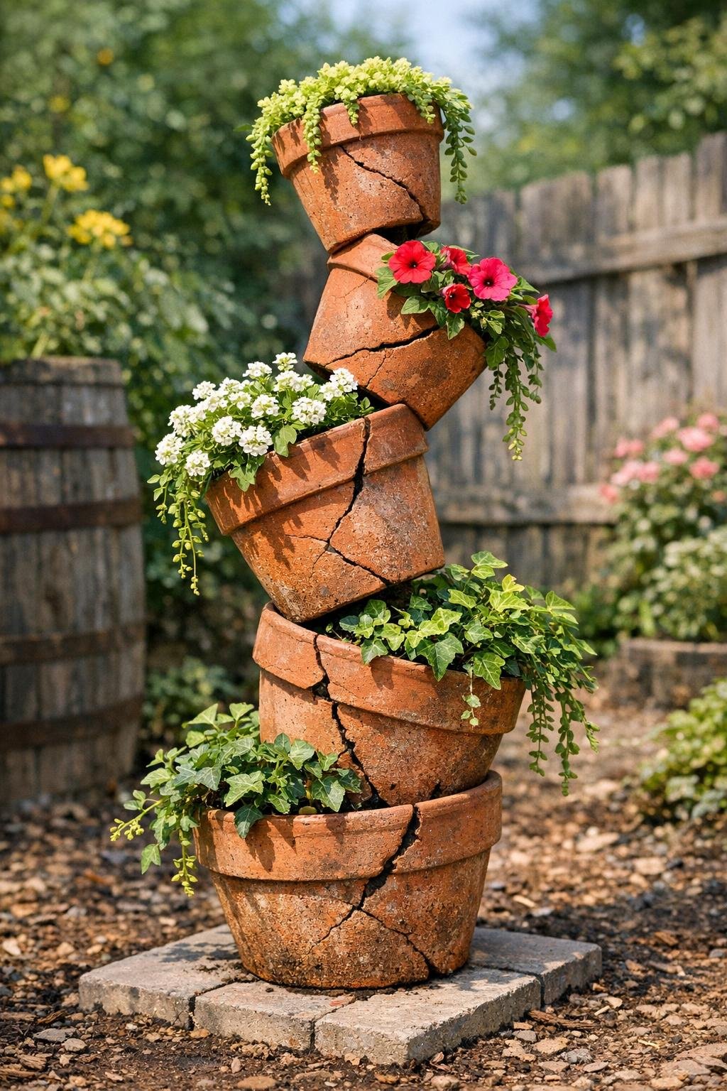 Finished stacked garden totem made from cracked terracotta pots