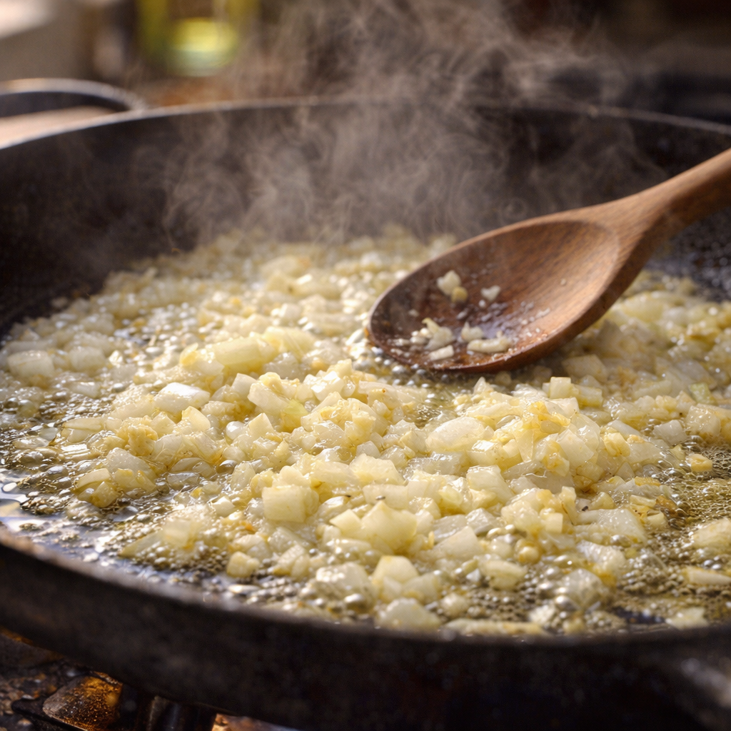Onion and garlic sautéing in a skillet