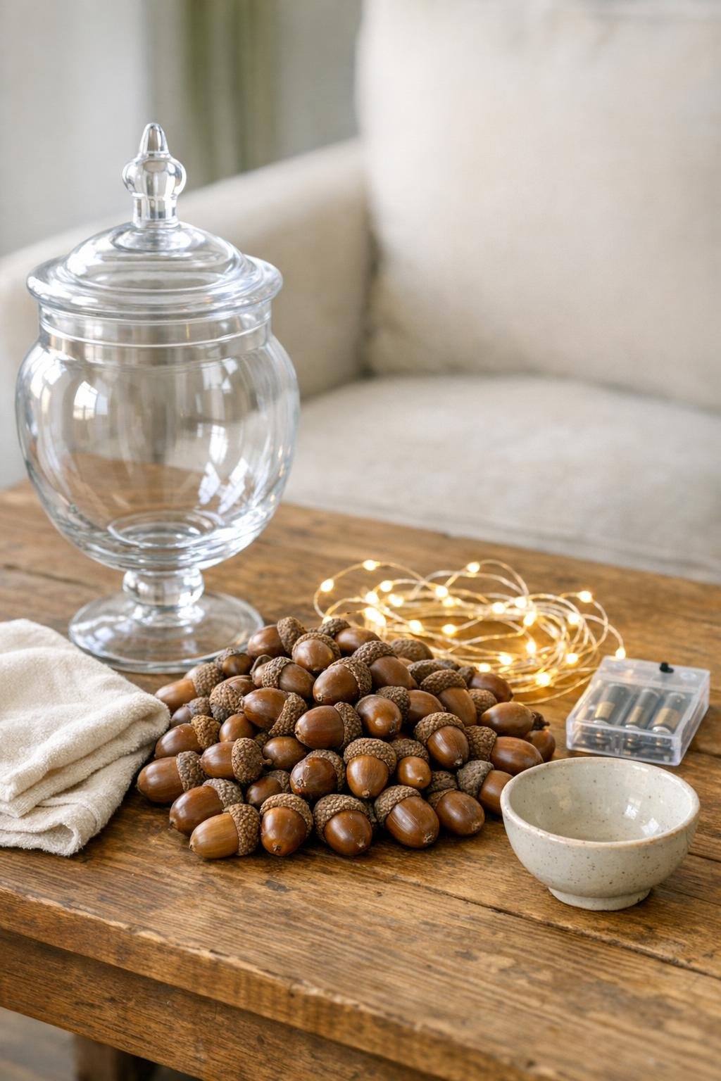 Materials laid out for an acorn-filled apothecary jar display