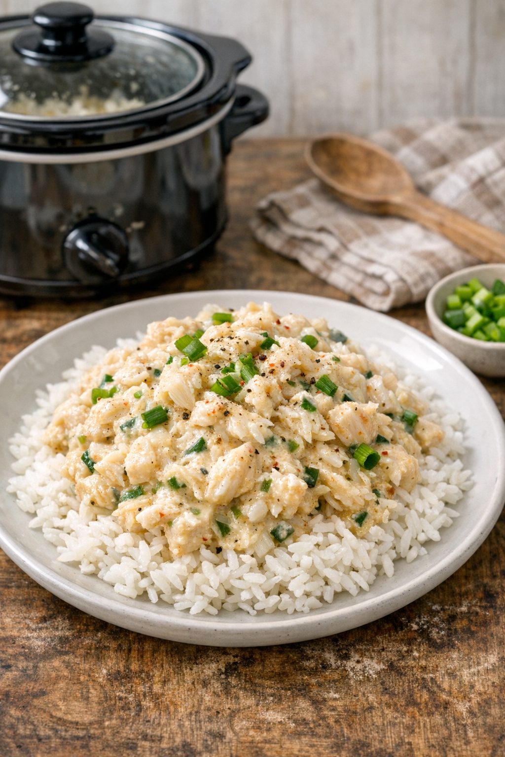 Creamy slow cooker white crab meat served over rice