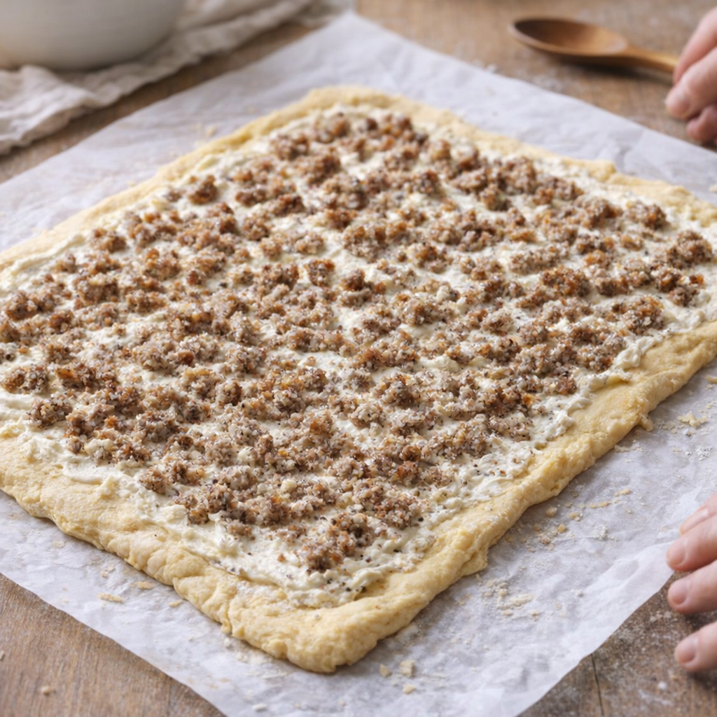 Sausage filling spread over crescent dough rectangle