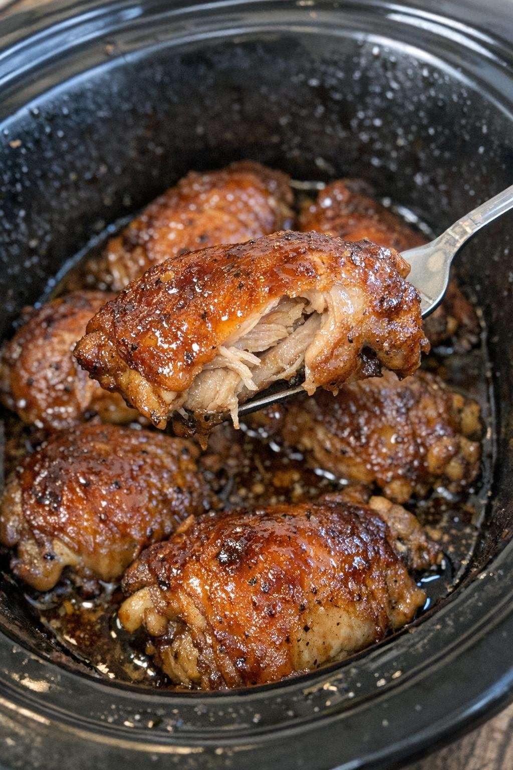 Tender glazed chicken thighs in a slow cooker