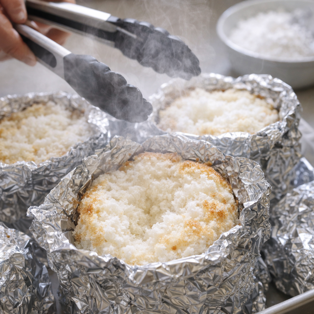 Freshly cooked foil cakes being opened after steaming
