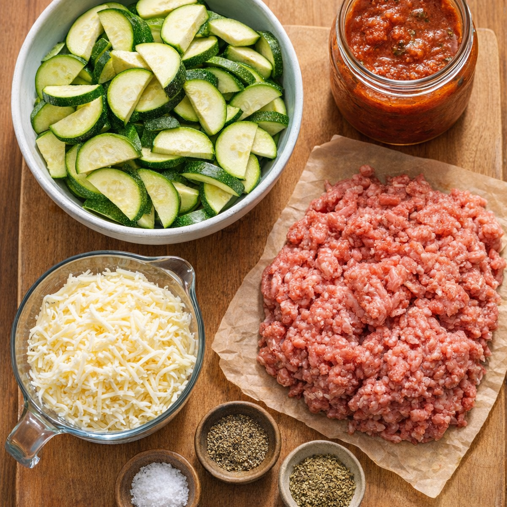 Zucchini, ground beef, mozzarella, and marinara arranged for cooking