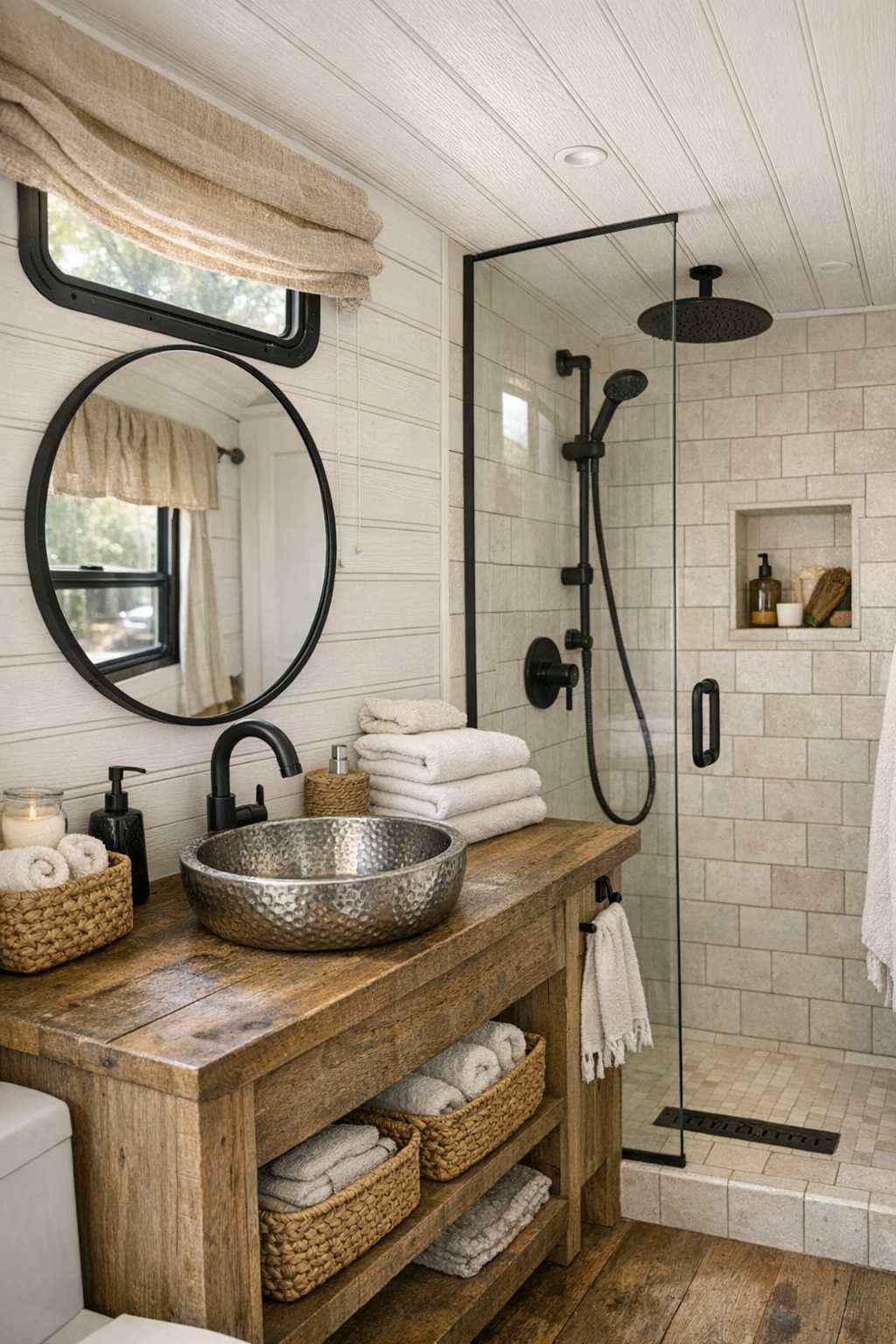 Small rustic bus bathroom with oak vanity and tiled shower