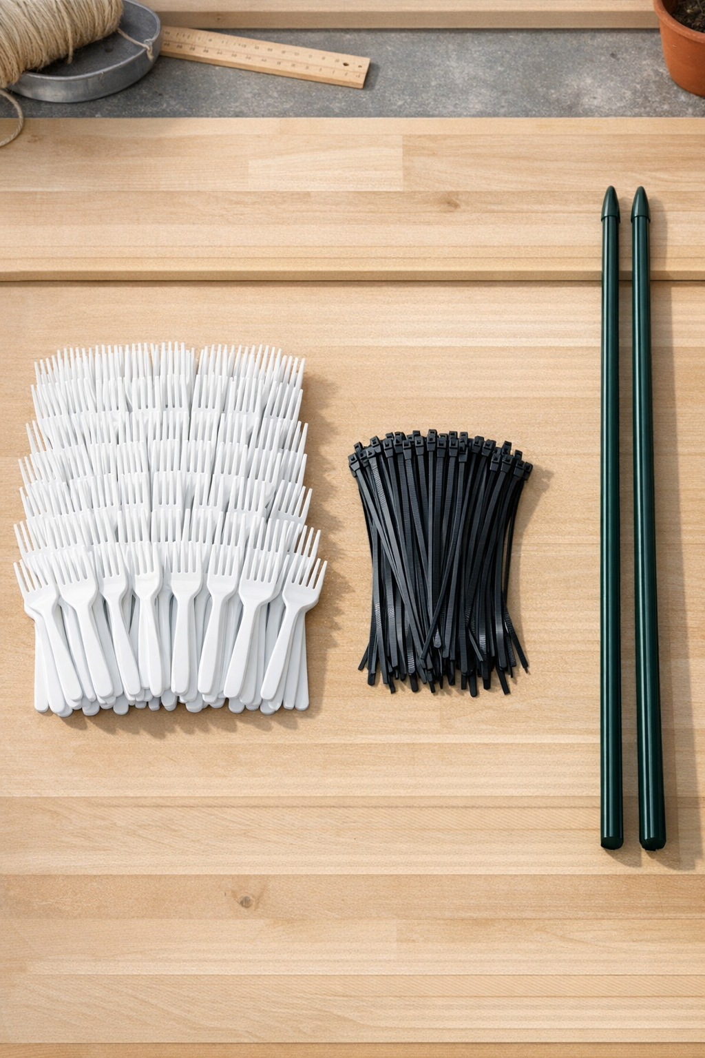 Plastic forks, zip ties, and metal garden stakes laid out for the project