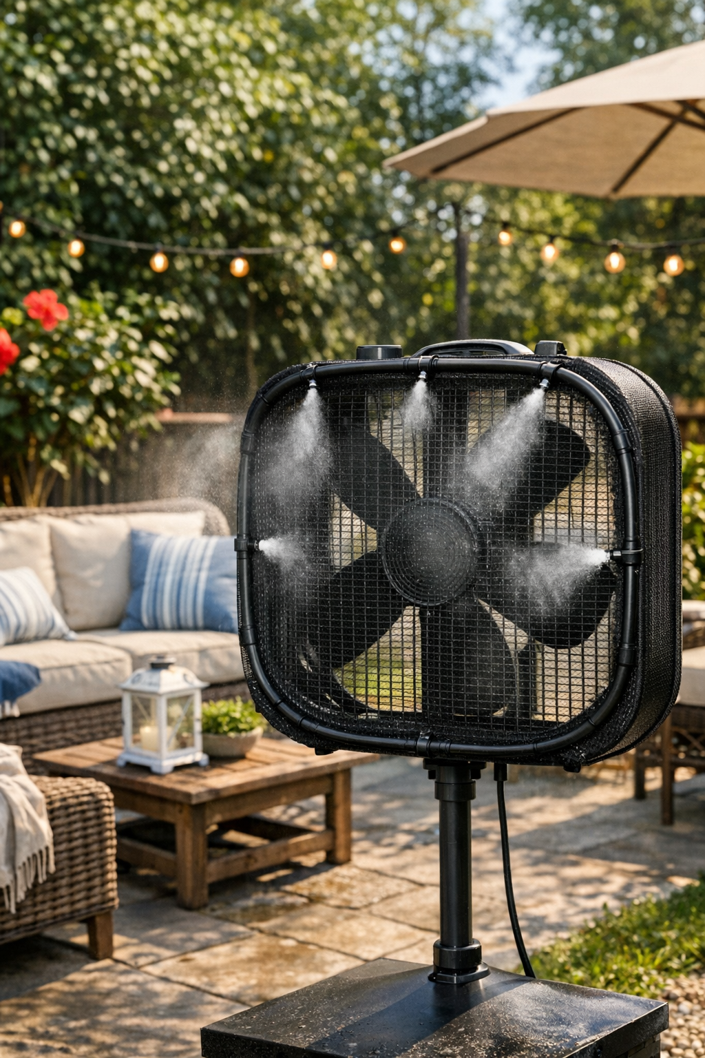 Finished DIY outdoor box fan mister on a patio