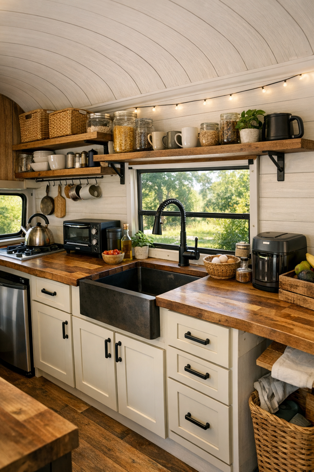 Compact rustic bus kitchen with butcher-block counters and open shelving