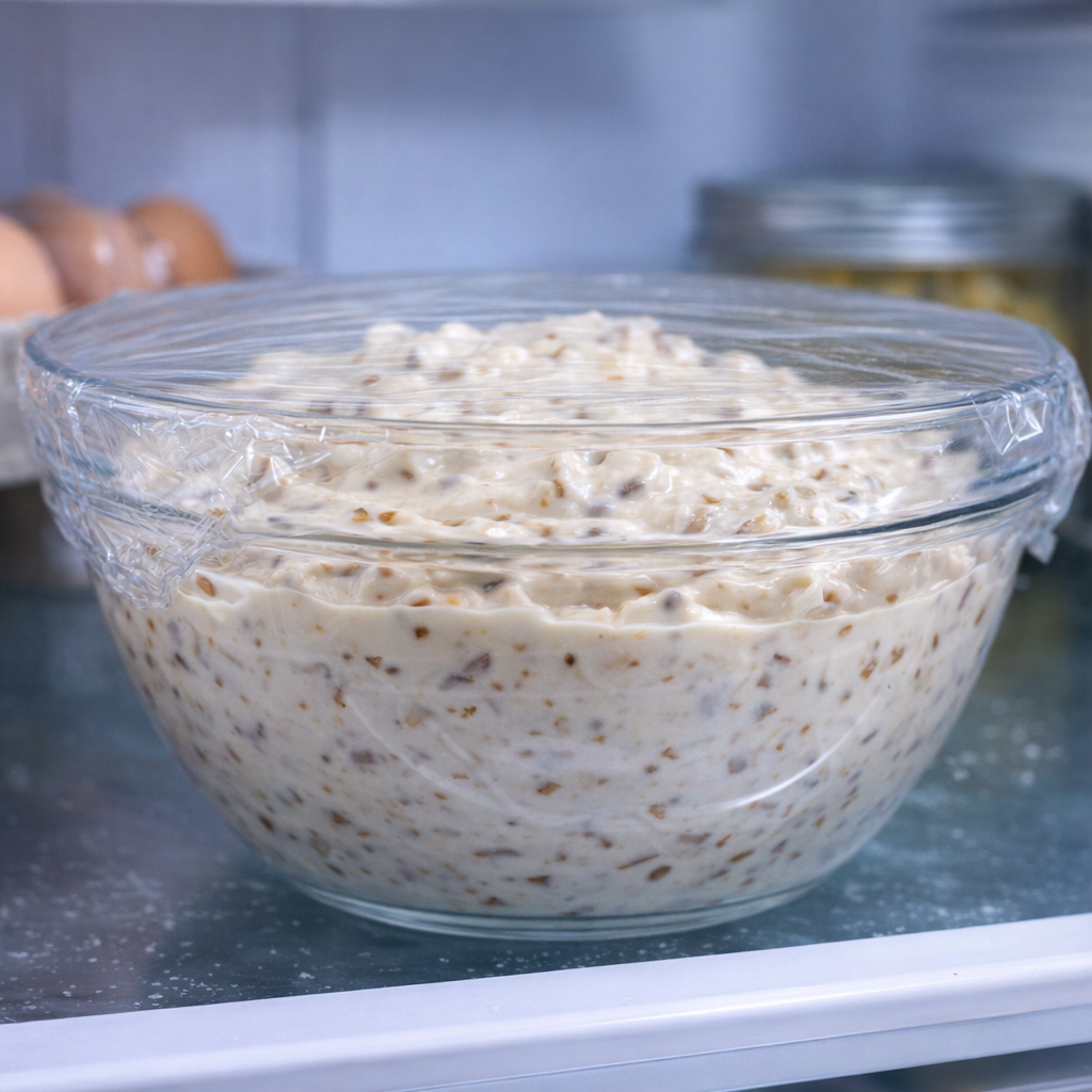 Covered bowl of French onion dip chilling in a refrigerator