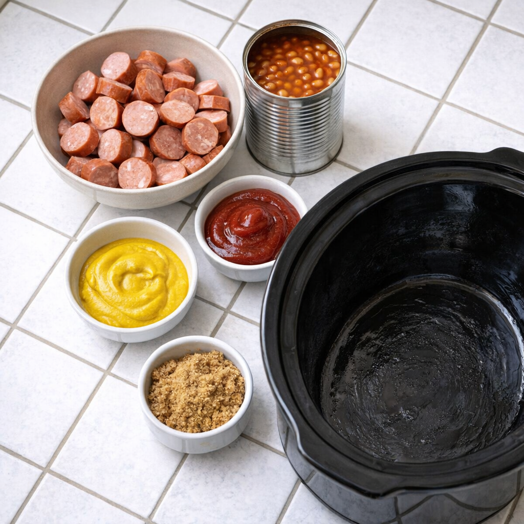 Ingredients arranged before making beanie weenies