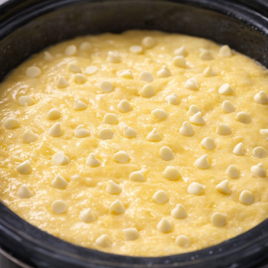 Lemon cake topped with white chocolate chips before cooking