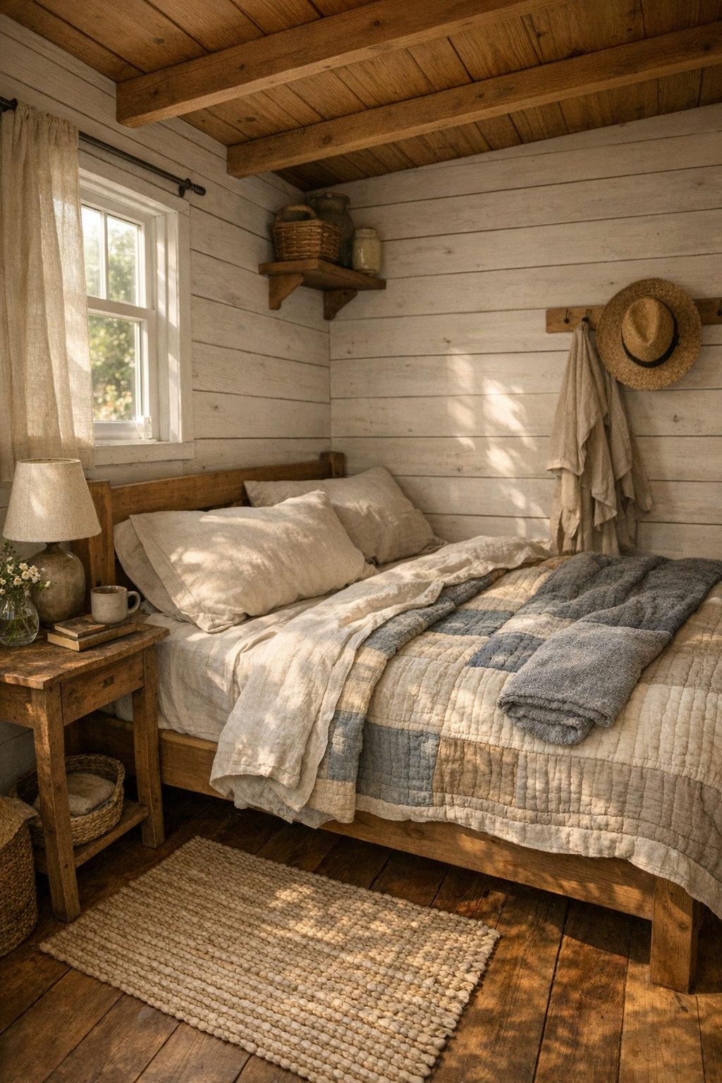Quiet tiny home bedroom with wooden bed and layered quilts