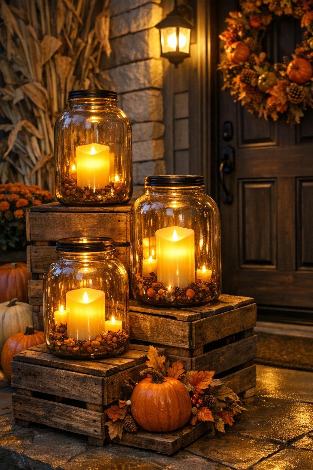 Finished harvest porch lanterns on wooden crates at night