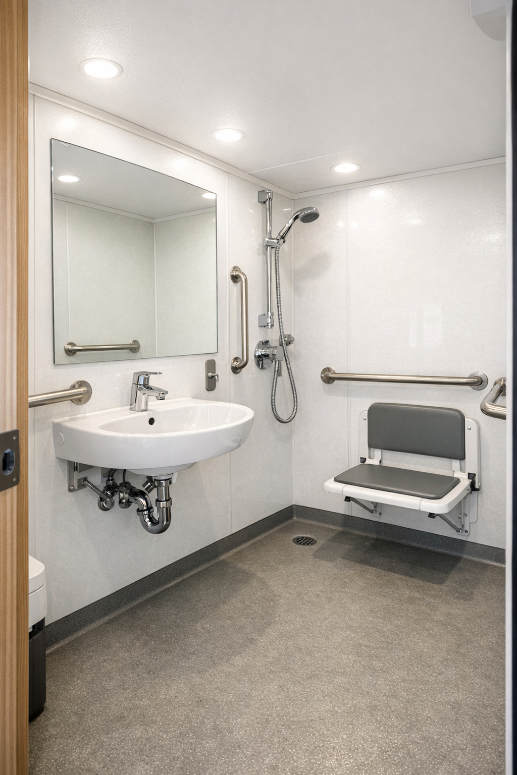 Accessible RV bathroom with open wet-room layout and warm gray flooring