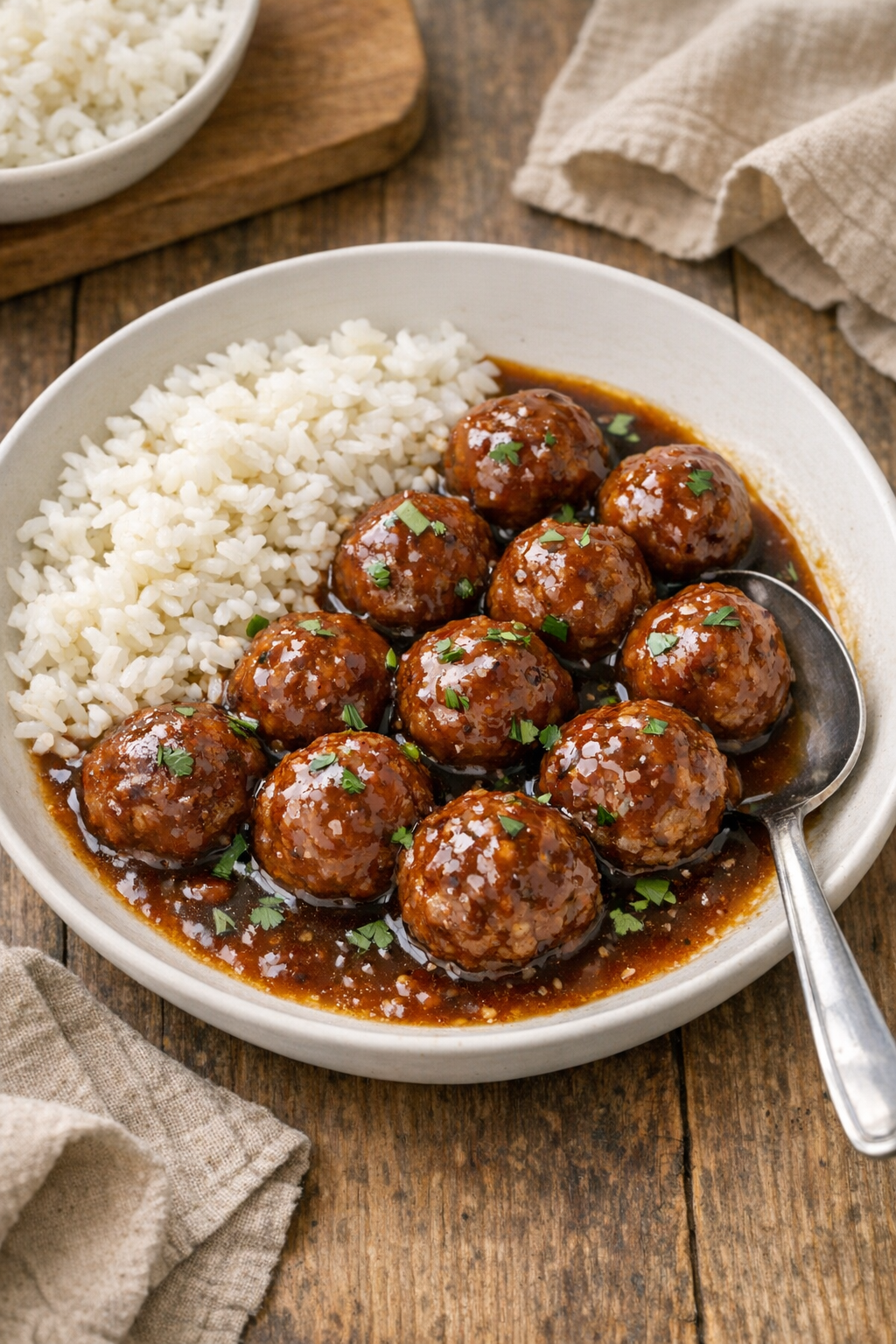 Finished pork meatballs in glossy sauce