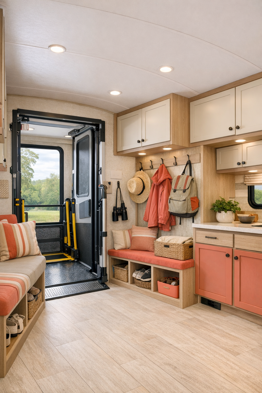 RV entry and multifunctional storage area with cohesive warm finishes