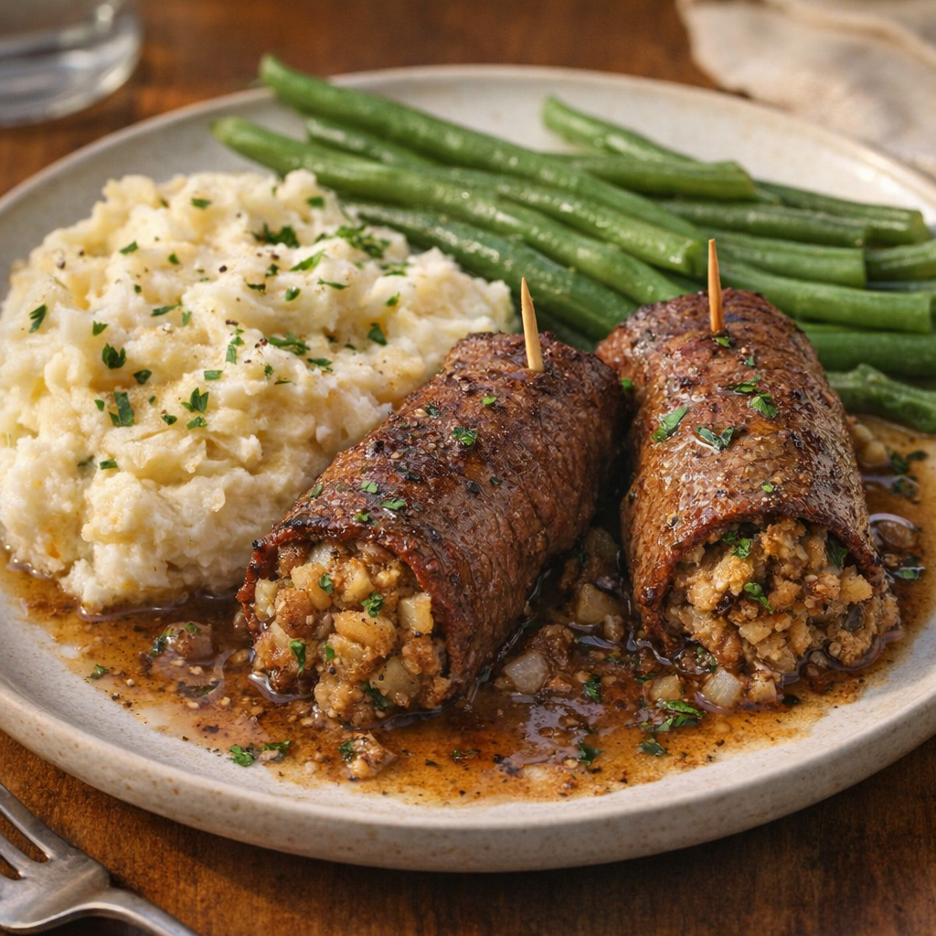 Plated beef roll ups with mashed potatoes and green beans
