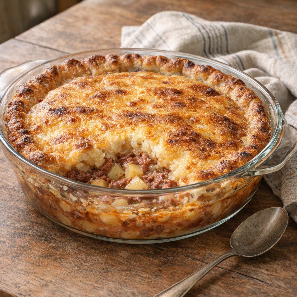 Freshly baked corned beef potato pie in a glass dish