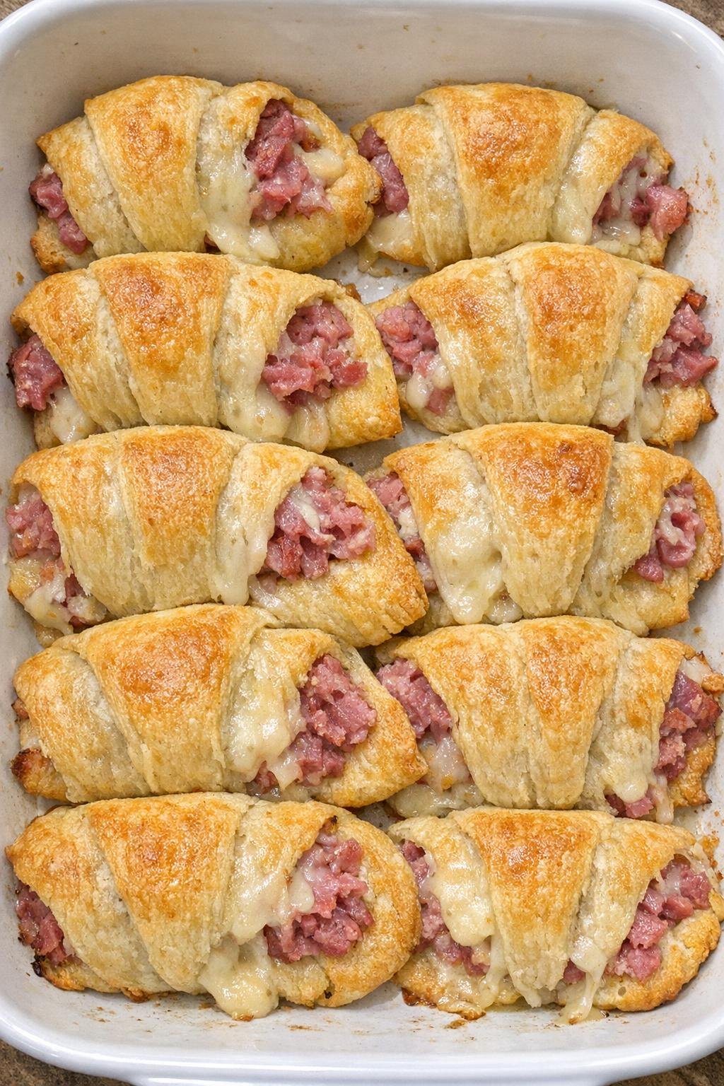 Flaky golden crescent bundles with corned beef and smoked Swiss