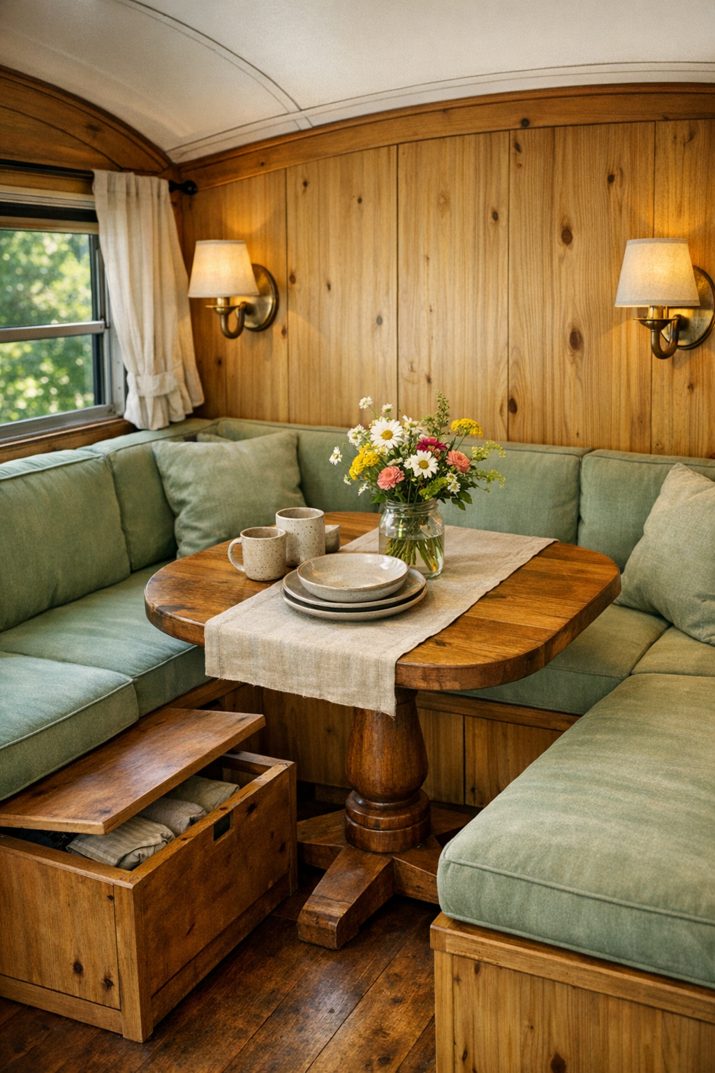 Cozy bus dining nook with banquette seating and a pedestal table