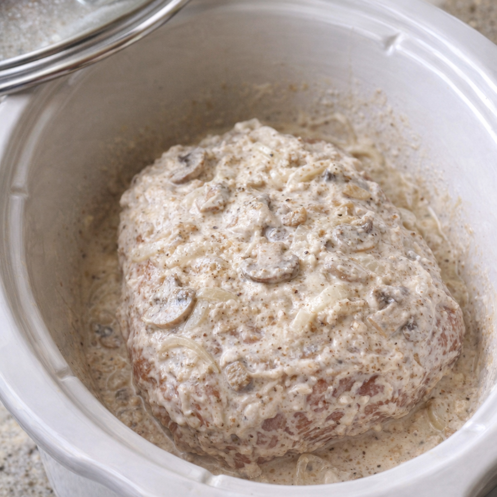 Pork roast covered in creamy soup mixture before cooking