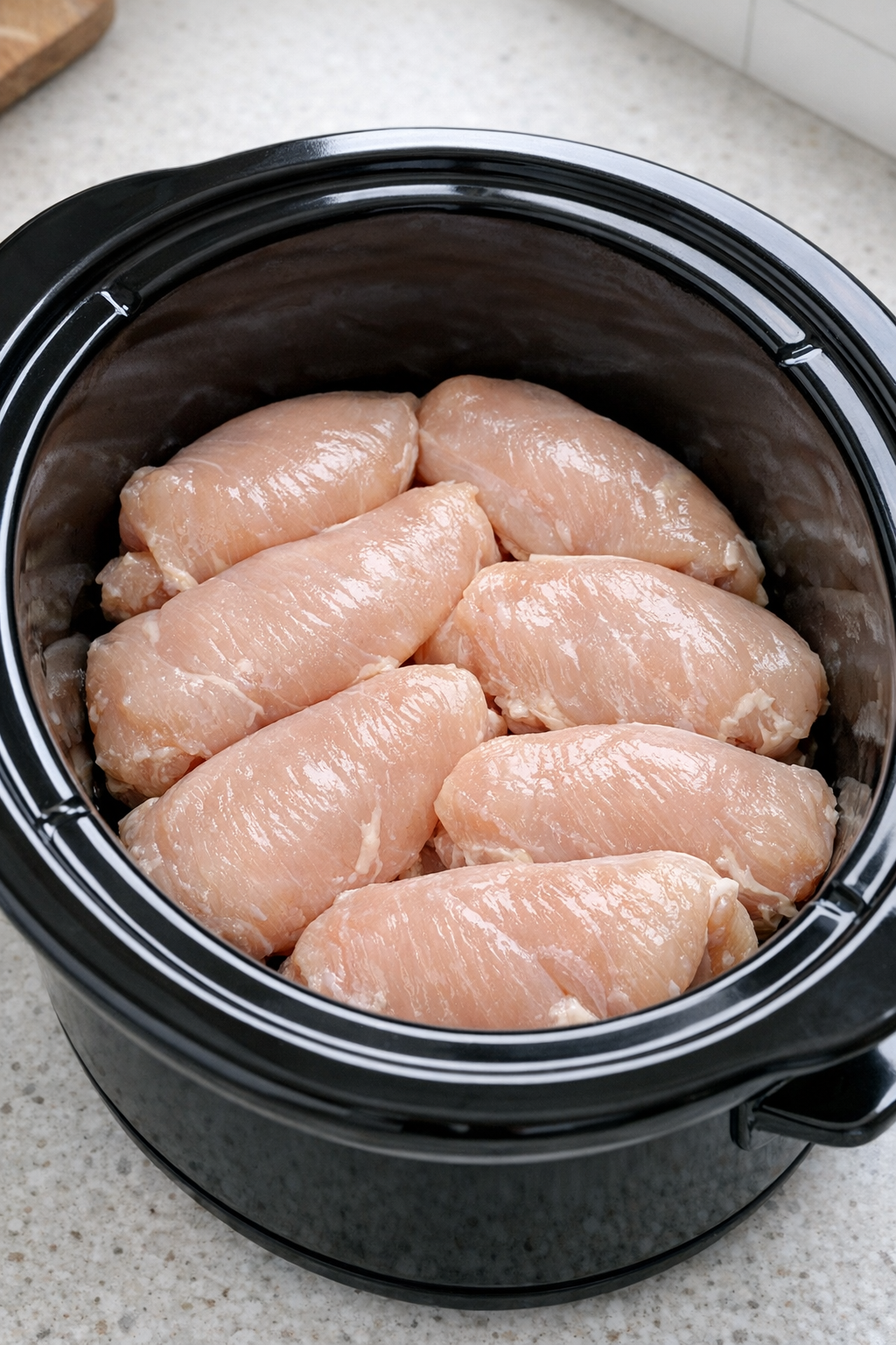 Raw chicken arranged in the bottom of a slow cooker