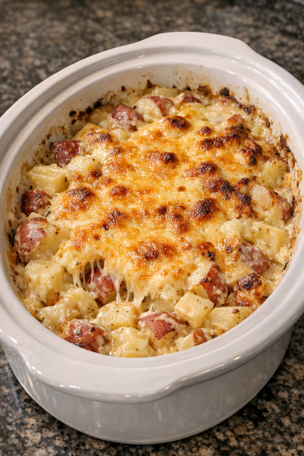 Finished cheesy red potato casserole in a white oval slow cooker
