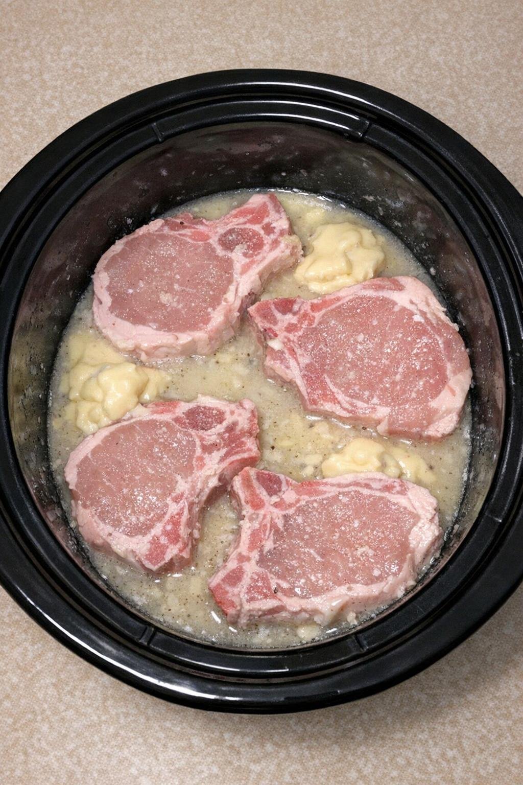 Water added to the slow cooker with soup and pork chops