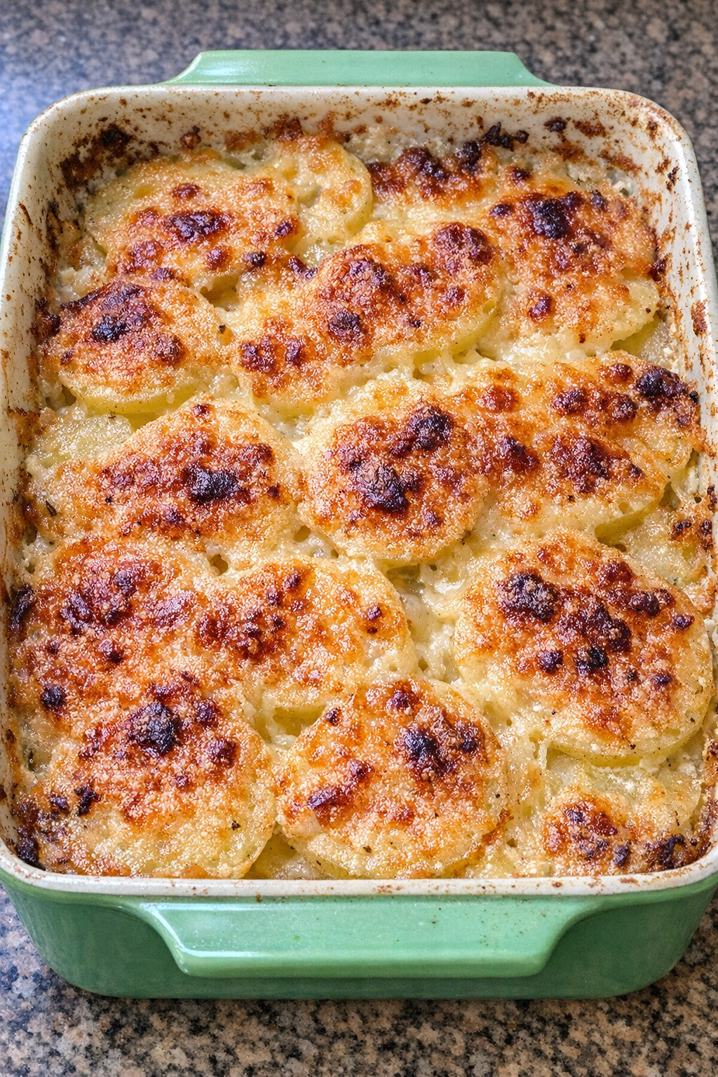 Bubbly golden potato gratin in a vintage green baking dish